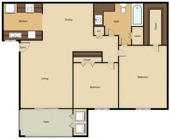 Floor plan for 2 beds, 1 bath, 850 sqft